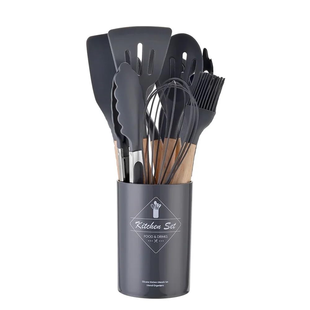 Set di utensili da cucina antiaderenti in silicone, 12 pezzi, spatola, pala, frusta per uova, manico in legno, set di utensili da cucina (nero, 12 pezzi)