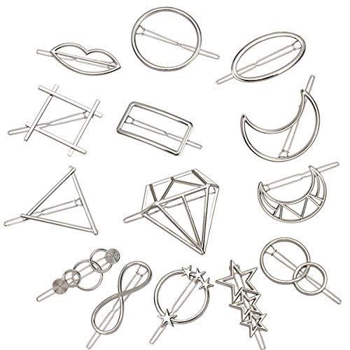 ANBALA 14pcs Minimalist Dainty Silver Geometric Metal Hairpin Hair Clip Clamps for Women, Circle, Triangle, Rhombus, Star, Moon, Diamond, Infinity etc