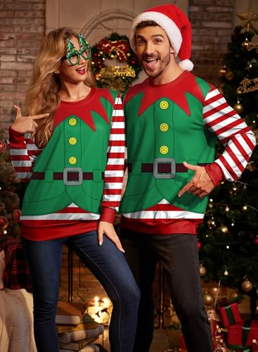 Arvilhill Mens Ugly ELF Stripe Christmas Sweatshirt Unisex Tacky 3D Graphic Print Hilarious Funny Sweater Holiday Jumper L3