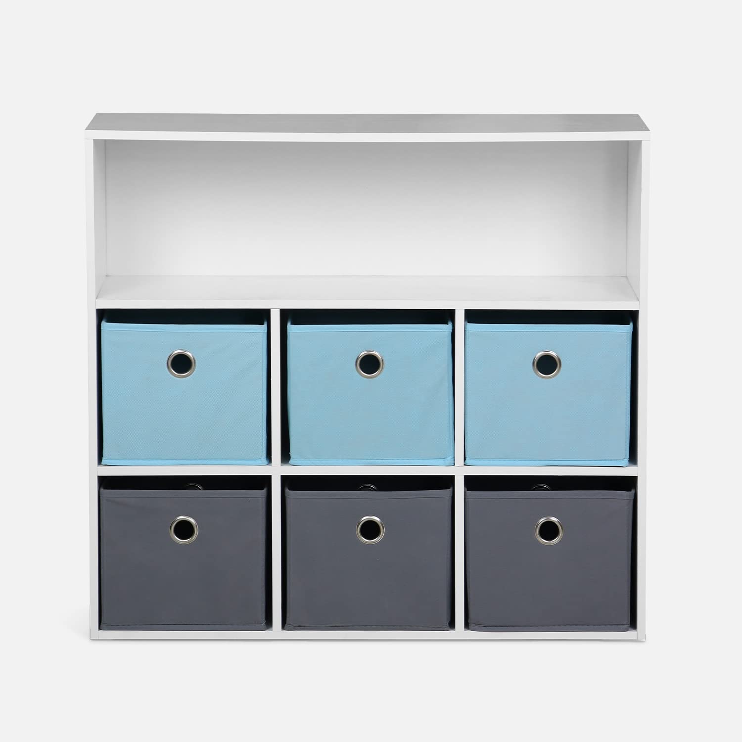 Alice's Home sweeek - Mueble con almacenaje para niño, Blanco - Camilo - con 7 Compartimentos y 6 cestas Grises y Azules