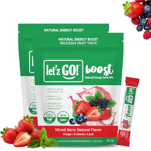 Image of Let'z Go Clean Energy Drink Mix - Natural Caffeine Packets, Vitamins C + D, Electrolytes, Sugar-Free, Zero Calories | Anytime Energy | 15 Count (Mixed Berry) Pack of 2