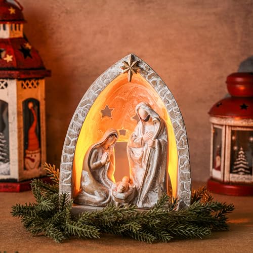 WILLBOND Christmas Nativity Sets, Modern Style Resin Nativity Tealight Candle Holder Xmas Indoor Statue Ornaments for Christmas Holidays Decoration Holy Family Figurine Gift(10 x 8.3 x 5.9 Inch)