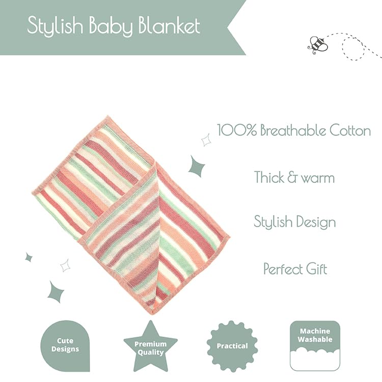 Ziggle Baby Cotton Blanket, Pink, White & Mint Stripes - Image 3
