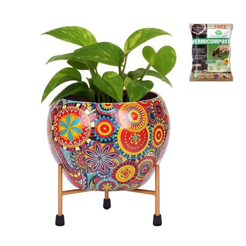 Image of Natural Earth Metal Flower Vase Planter Pot with Iron Stand | Decorative Plant Cachepot for Indoor & Outdoor Use | Succulent Pot for Home & Garden Decor (Mandala)