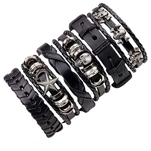 Pulsera De Cuero para Hombre, Cuero Punk Recogecable Nudos Estrella De Plata Cráneo Remaches Capas Encanto Pulseras Brazalete Pulsera Unisex Festival Accesorios Par Amistad Regalo Joyería Negro 6Pc
