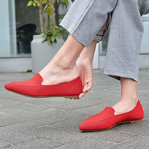 Puxowe Women's Pointed Toe Ballet Flat Shoes Knit Dress Shoes Low Wedge Loafer Comfortable Slip On Walking Driving Shoes Red Size 7 Us #TOP1