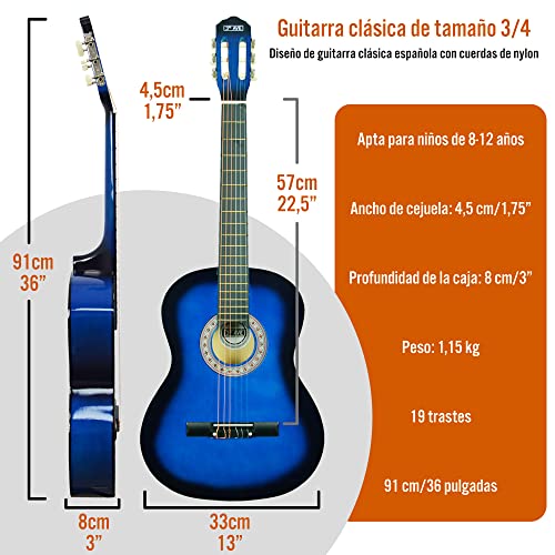 Miniatura 2 de 3rd Avenue Pack De Guitarra Clásica Española Para Niños Principiantes De Tamaño 3 4 Con Cuerdas De Nylon De 3rd Avenue, Funda De Transporte, Cuerdas De Repuesto, Azul