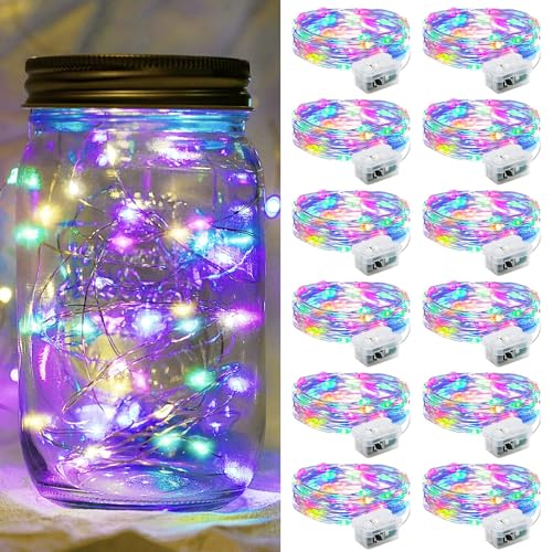 chzk 12 Pack Fairy Lights 7Ft 20 LED Twinkle String Lights 3 Modes Battery Operated Waterproof Firefly Starry for Mason Jar Party Wedding Easter Valentines Day Table Centerpieces,Multicolor-Pastel