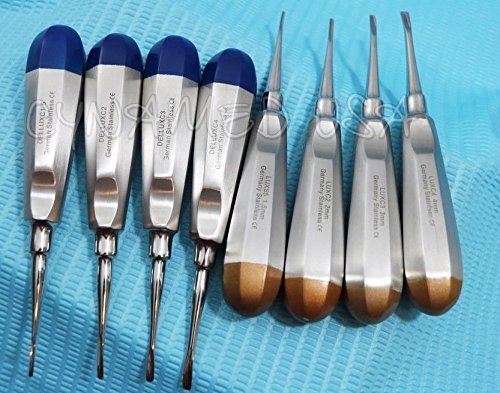 Nuevo Alemán inoxidable Dental Luxating Elevador Extracción de dientes Herramientas 8 piezas Curvo 1.5MM a 4MM Instrumentos Dentales Oro Más Azul