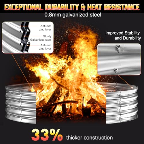 60 Inch Fire Pit Ring 5FT Galvanized Steel, 12" Raised Heavy Duty Wood Burning Fire Pits&Outdoor Fireplace, Heat Resistant Campfire Ring with Spark Guard, for Outdoor Backyard, Patio & Camping Use - Image 3