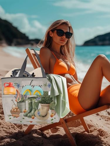 Beach Bags Women Mesh Tote Bag Vintage Farmhouse Egg Carrot Hat Boot Toy Grocery Pool Bag with Pockets for Travel/Picnic4