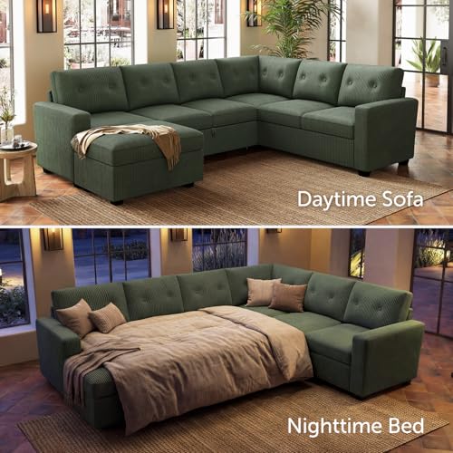 Image of HONBAY 106.2 Inch U-Shaped Sectional Sleeper Sofa with Pull-Out Bed & Storage Ottoman, 7-Seater Sectional Sofa for Living Room, Pet-Resistant Corduroy Couch, Green
