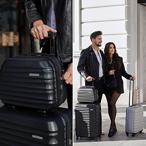 WITTCHEN Reisekoffer Rollkoffer Trolley Mittlerer Koffer Reisekoffer Hartschale aus ABS Mittelgroßkoffer mit 4 Spinner-Rollen Zahlenschloss Groove Line Größe M schwarz Lufthansa/Eurowings/Ryanair