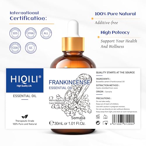 Image of HIQILI 30ML Frankincense Essential Oil, Relaxing, Skin Care, Camp Atmosphere Creation, Can be Added to Body Lotions, Creams, Aromatherapy Use - 1 Fl Oz