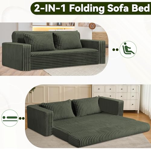 Image of HABUTWAY Folding Sofa Bed, 2 in 1 Convertible Sleeper Chair with 2 Pillows, Portable Fold Out Chair Bed with Armrest, Comfy Floor Couch, Lazy Sofa for Living Room Bedroom Dorm Home Office, Green
