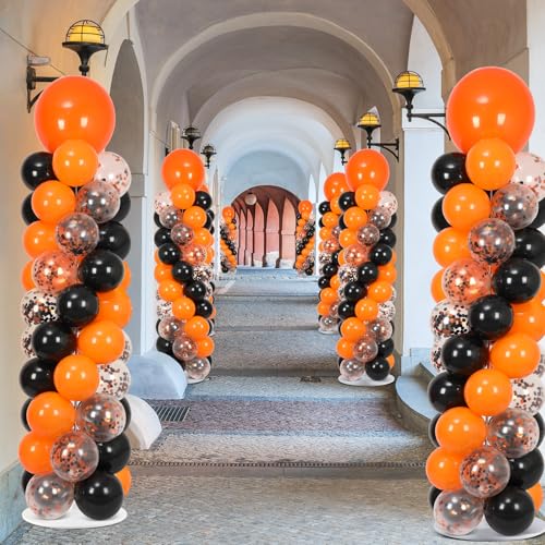 Image of 2 Sets Orange and Black Balloon Column Stand Kit with 100 Balloons Adjustable Balloon Tower Stand with Bases for Floor Black Orange Confetti Balloon Column Kit for Valentine Birthday Party Decor