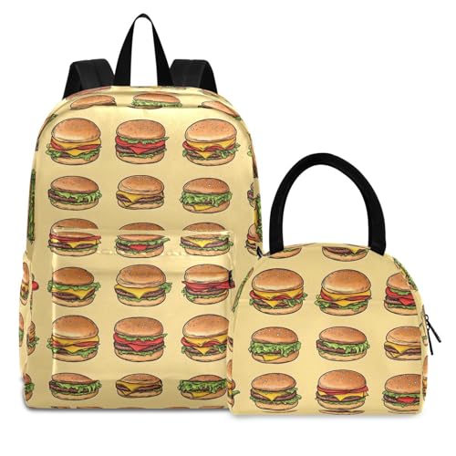 Backpack Lunch Box Set Large Capacity Travel Backpacks and Insulated Lunch Bag for Commute Hiking Picnic Cartoon Hamburger Print