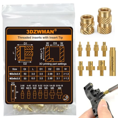 M2 Threaded Inserts with m2-M8 Heat Set Insert Tools,Brass Metric Knurled Nuts for 3D Printing Components and Plastic Parts (M2x3x3.5-50PCS M2x6x3.5-50PCS)
