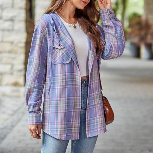 Ladies' Long Sleeve Shacket Plaid Hooded Blouse Jacket Soft Fabric and Stylish Pattern4