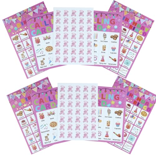 NHQZ 1 Juego cartones de bingo para fiestas de cumpleaños, Juego de Bingo, Aula y el Hogar, cartones de bingo（Rosa）