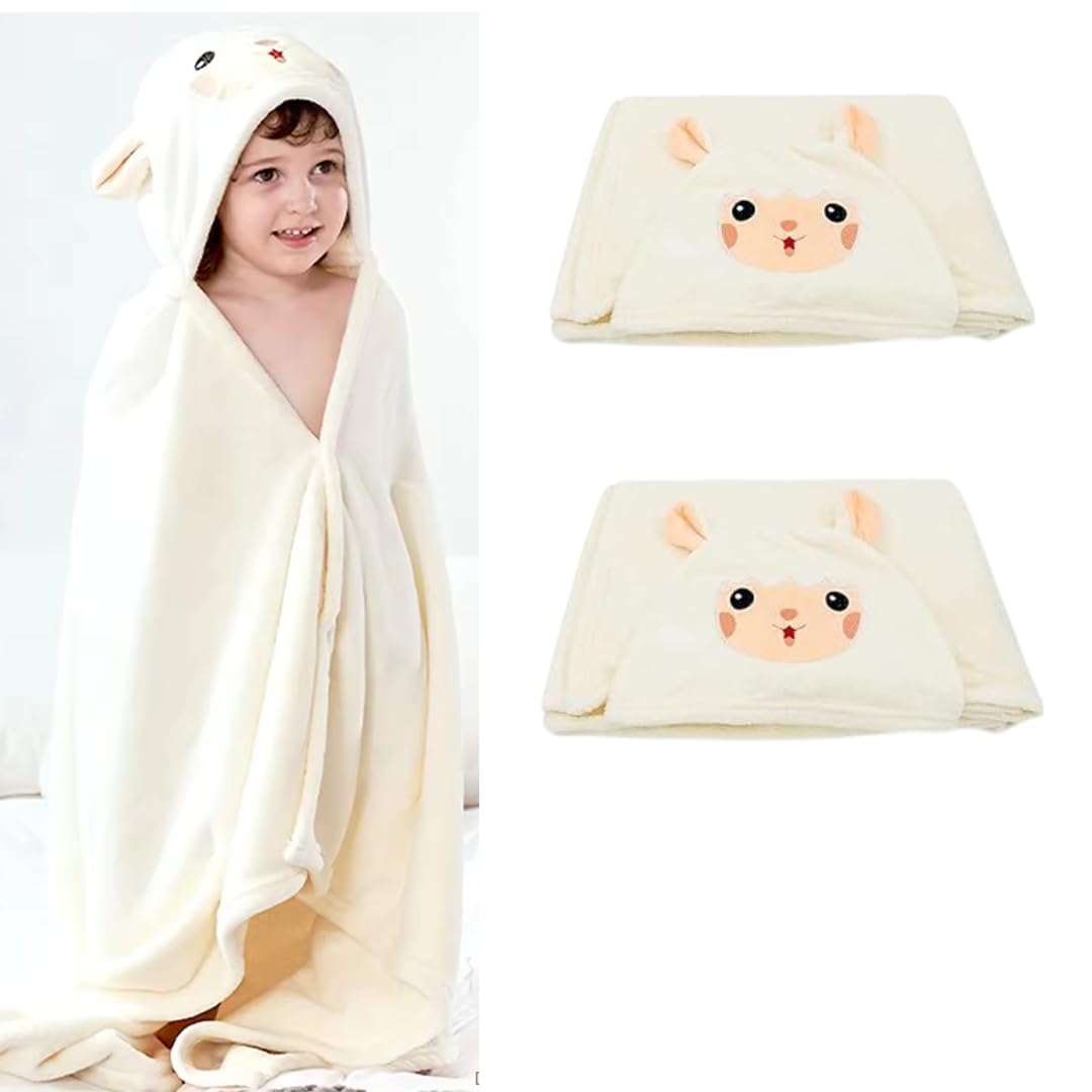 ALLTHINGVB Set of 2 Microfiber Natural Fleece Soft Bath Towel for Kid with Cute Sheep Ears - Ultra Absorbent, Large Bath Towel Birthday Gifts for Boy and Girl - (Sheep 27.5 x 55 Inch) (2 pcs White)