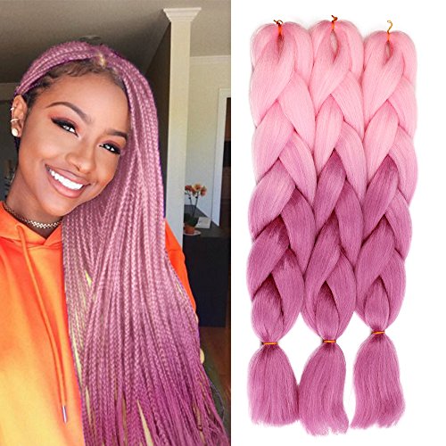 AISI BEAUTY Yaki Straight Jumbo Braiding Hair Extensions Ombre Pink African Collection Braids Crochet Bulk Braiding Hairpieces（24inches Pink/Purple）