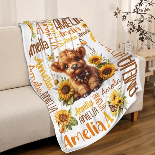 Image of Personalized Cow Sunflower Blanket, Custom Cow Gifts for Kids Adults, Soft Flannel Throws with Floral Print Decoration,40 inchx50 inch