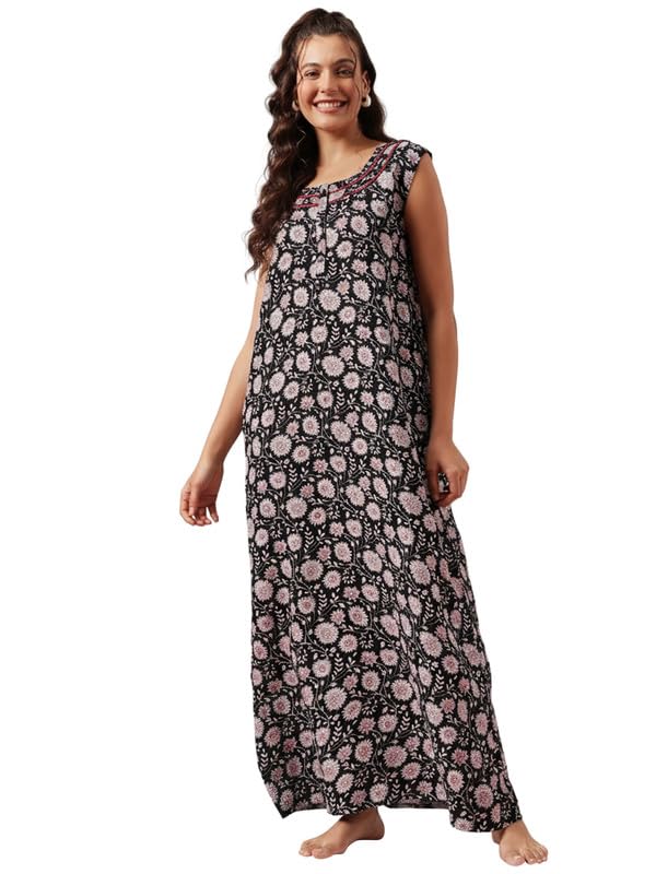 clovia Women's Rayon Floral Printed Long Maxi Nightdress in Black-picture-11