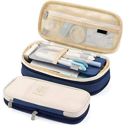 Image of Large Capacity Pencil Case Pouch, Cute Aesthetic Big Capacity Zipper Cases Pen Portable Office Stationery Makeup Bag, Desk Organizer for College Adults Women Men (Blue)
