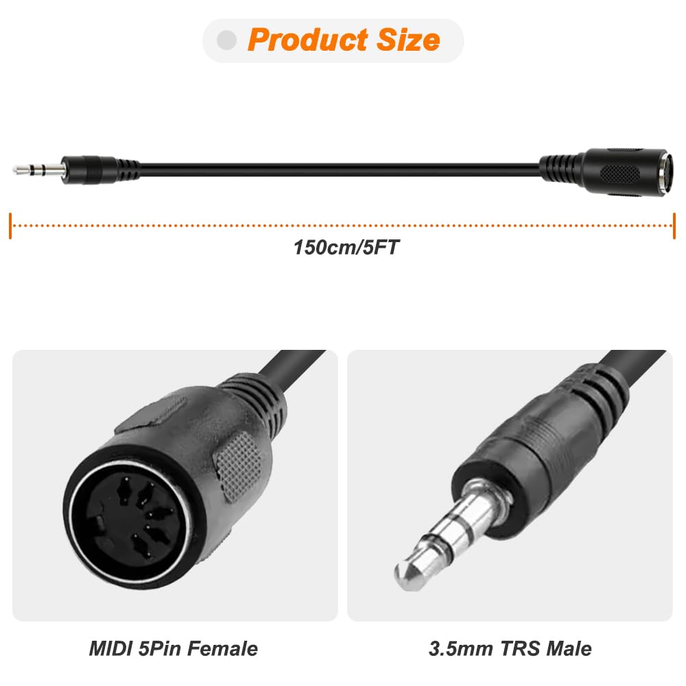 MIDI to 3.5mm Adapter Cable, 5Pin MIDI Female to 3.5mm TRS Stereo Male Audio Cable Cord per Amplifiers, HI-FI Sound Systems (3 Pack)