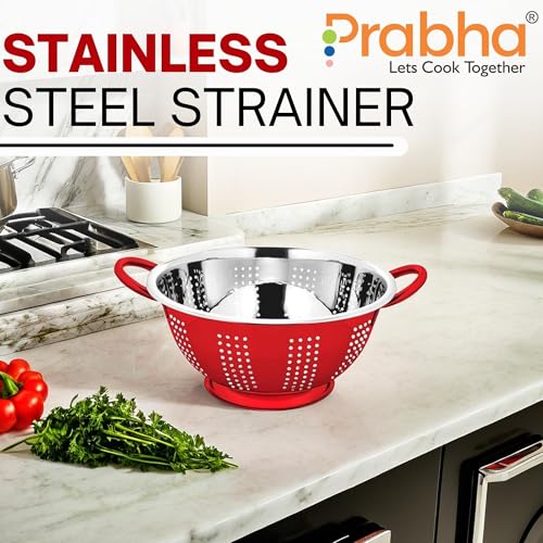 Image of Prabha Colander Stainless Steel Strainer Sieves, 3000ml, 24cm | Kitchen Strainer with Handle-Essential Kitchen | Colanders Bowl, Basket | Colander for Rice Straining Washing Fruits, Vegetables