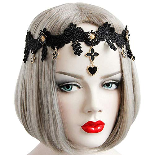 Joyci Women's Exotic Style Black Lace Pearl Hair Bands Forehead Jewelry (Style C)
