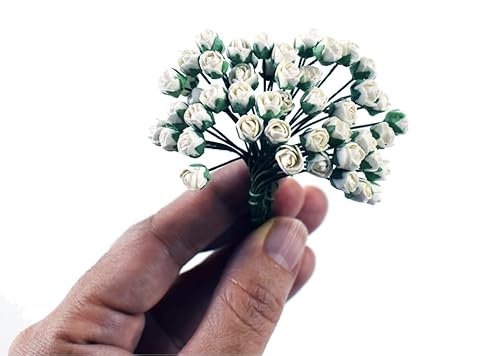 KADADSA 50 pcs White Tiny Artificial Roses Mixed Assorted Shade Mulberry Paper Flower Flower Wedding Scrapbooking (White 0.25-in/0.5-cm.)
