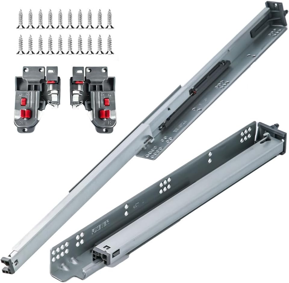Soft-Close Silent Drawer Slides, 21-inch, Bottom-Mounted, Full Extension, 1 Pair, 77lbs Load Capacity, Galvanized Steel