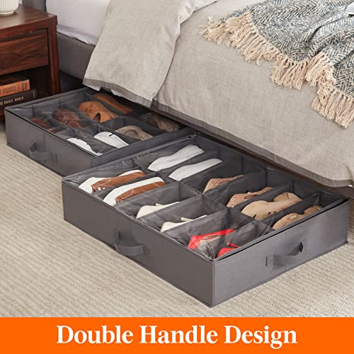 Lifewit Under Bed Shoe Storage Organizer Set Of 2, Foldable Fabric Shoes Container Box With Clear Cover See Through Window Storage Bag With 2 Handles Total Fits 24 Pairs Of Shoes, Grey #TOP2