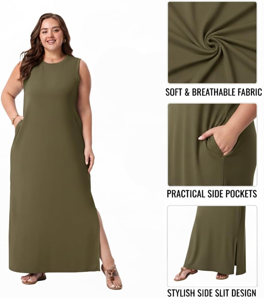 OLRIK Plus Size Sleeveless Maxi Dress Summer Casual Side Slit Crew Neck Sundress Long Beach Dress with Pockets - Image 4