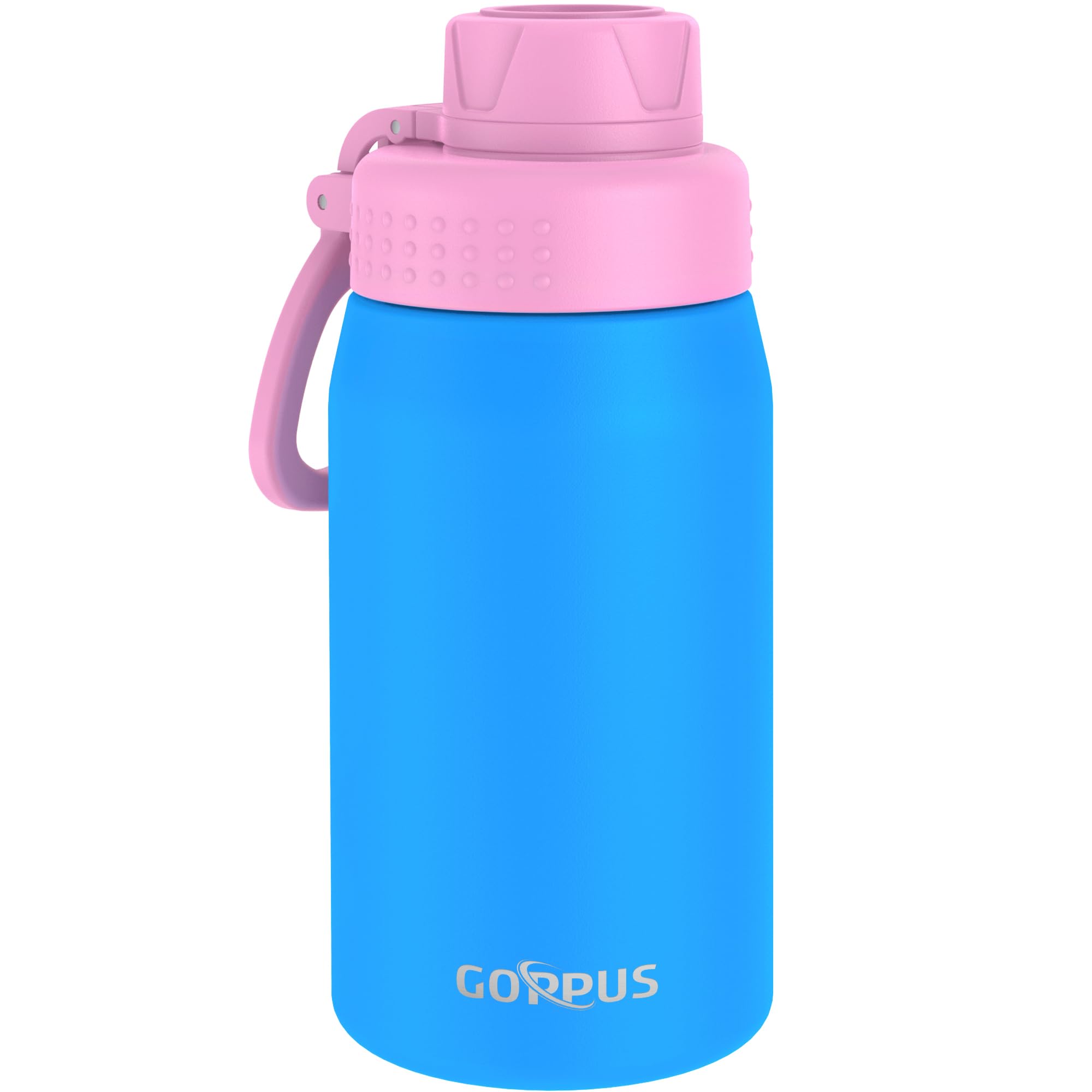 GOPPUS 420ml/15oz Kids Insulated Water Bottle with Screw Lid (No Straw) Stainless Steel Toddler Bottle School Flask Girls Boys Drinks Cup with Handle & Leakproof & Keep Drinks Cold (Pink Blue)