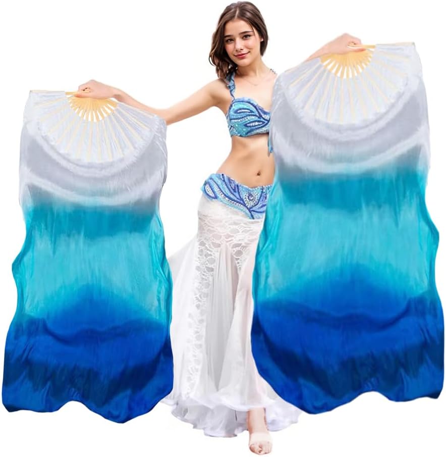 グループ割あり】ベリーダンス シルクベール・白 SV0211 - bachata ベリーダンス衣装専門店 レッスン着通販 即納対応 バチャータ 女性用 1 ペア ハンドメイド シルク ベリーダンス ファン ベール ロング バンブーファン ダンス用, ホワイト ターコイズ ブル