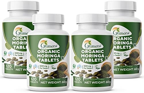 Grenera Organic Moringa Tablets (120 nos x Pack of 4), Made with Organically Grown Drumstick Leaf Powder for Weight Loss