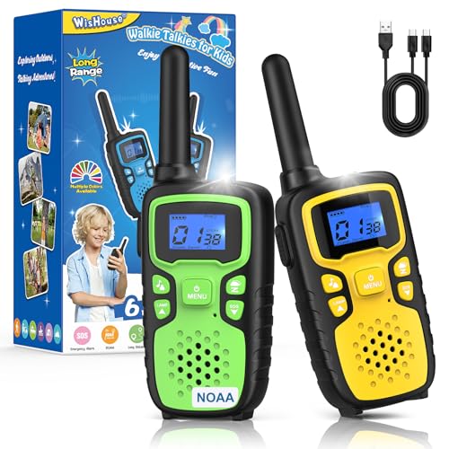 Image of Wishouse Walkie Talkies for Kids Rechargeable Long Range,Xmas Birthday Gift for 4 5 6 7 8 9 Year Old Boy Girl,Hiking Gear Camping Games Cool Toys with NOAA,SOS Siren,Lamp,Lanyards,2 Pack Yellow Green