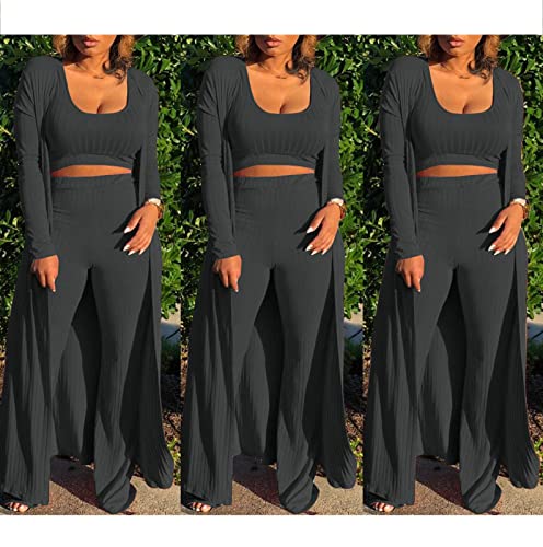 Image of Women's 2 Piece Outfits Set Ribbed Short Sleeve Casual Crop Top Wide Leg Pants Suit Set