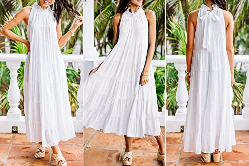 Image of HAEOF Women's Summer Sleeveless Halter Midi Maxi Dress Casual Loose Fit Pleated Tiered Flowy Beach Vacation Long Sundress