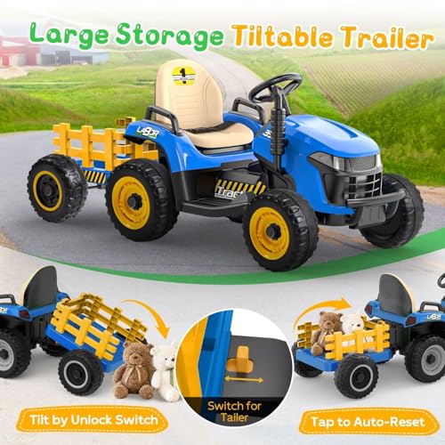 Image of ANPABO 24V Ride On Tractor for Kids w /Detachable Trailer, EVA Tires, Blue
