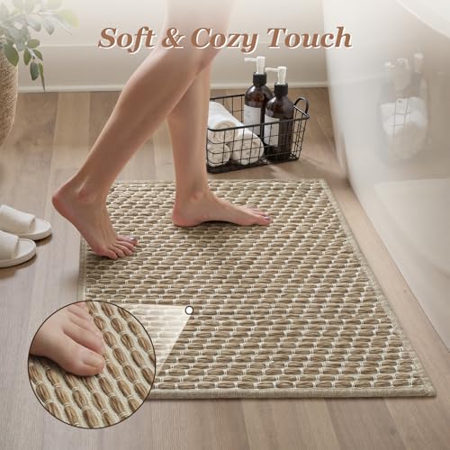 AMOAMI Unique Woven Bath Mat, Super Absorbent Non Slip Bath Mats for Bathroom Floor Textured Bathroom Mat Quick Dry Washable Boho Thin Bathroom Rugs for Beside Tub, 17" x 24", Brown