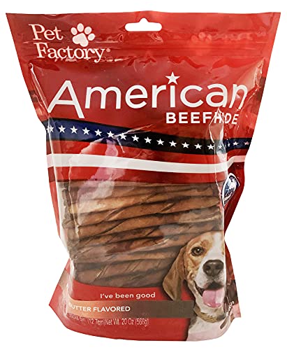 Pet Factory American Beefhide Chews 28459 Peanut Butter Flavored 5" Twist Sticks for Dogs. American Beefhide is a Great Source for Protein and Assists in Dental Health. 1 Pound Pack, Resealable Bag