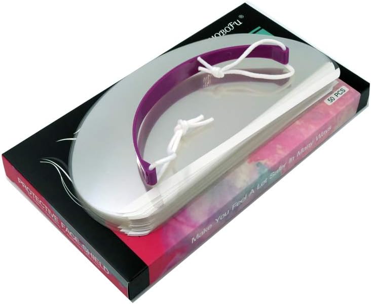 MUOBOFU Disaposable Haircut Face Shield,Barber Hairspray Supplies,for Kitchen,Restaurant Waiter,Manicure Store,Beauty Salon,Purple Strip Replace Transparent Plastic Bang(50pcs/pack)