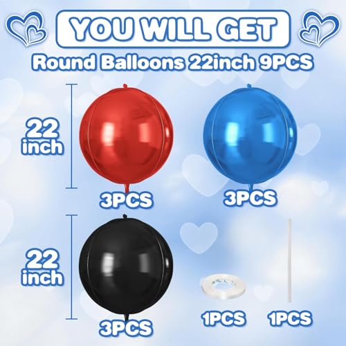 Image of 9 Pcs Red Blue Black Round Foil Balloons,22 Inch Round Balloons