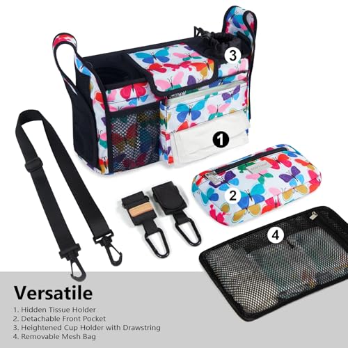 Image of TOPDesign Universal Baby Stroller Organizer, Stroller Caddy with Detachable Mesh Bag & Heightened Insulated Cup Holders & Non-Slip Secure Hooks Accessories, Fits Most Strollers (Colorful Butterfly)