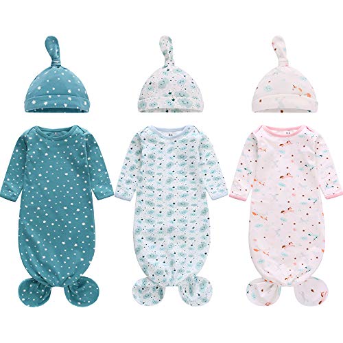 Image of Newborn Knotted Nightgown Long Sleeve with Matching Hat Set 3 Pack, Cotton Baby Sleeper Gowns Unisex Home Outfits Set with Mitten Cuffs for Boys Girls Infant 0-6 Months
