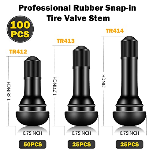 Image of 100 Pieces TR412 TR413 TR414 Tire Valve Stems Rubber Black Rubber Snap-in Valves,Tubeless Valve Stems Suit for 0.453 inch Rim Holes on Standard Vehicle Tires